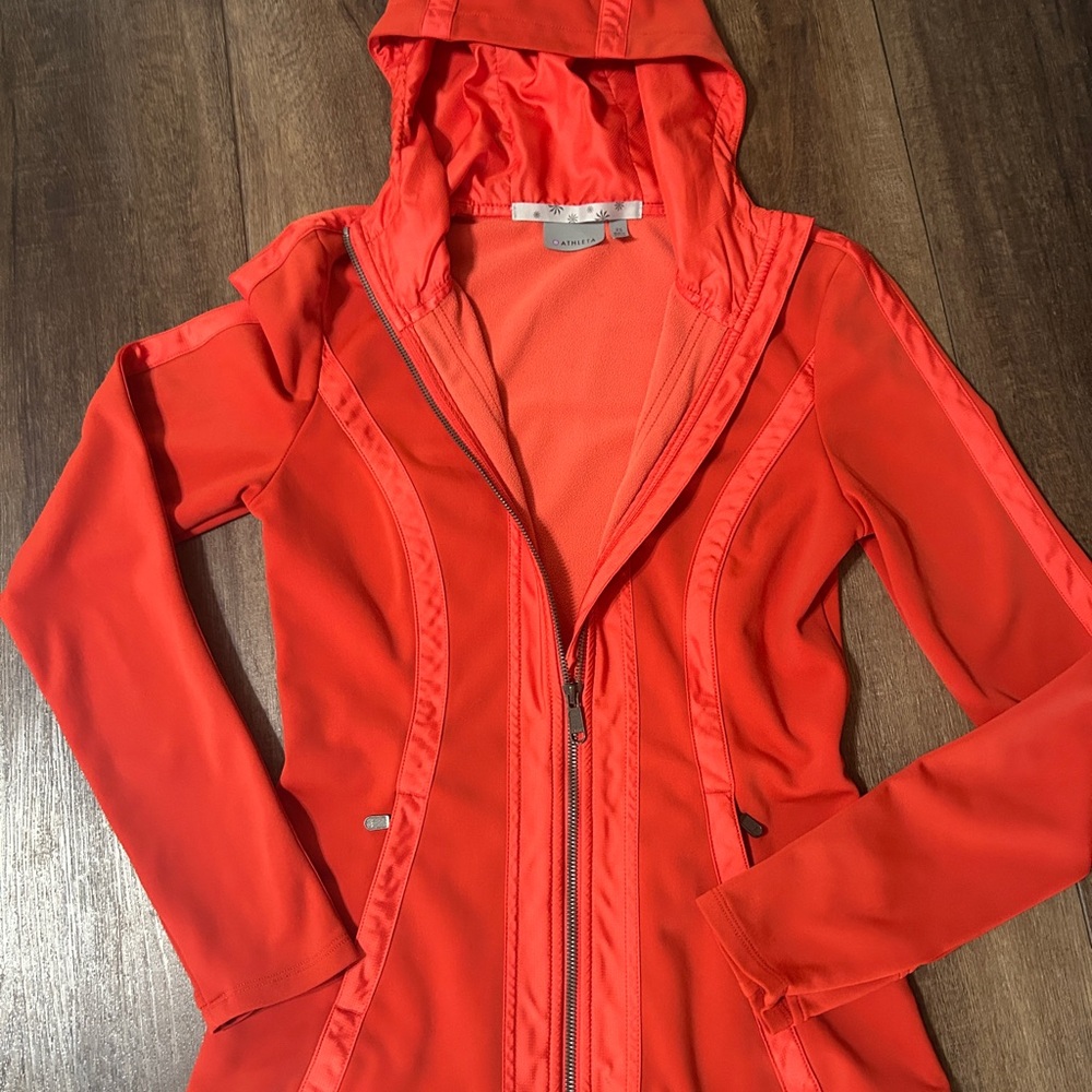 Athleta Triumph Full Zip Fleece Hoodie Orange XS Satin Trim Thumbholes